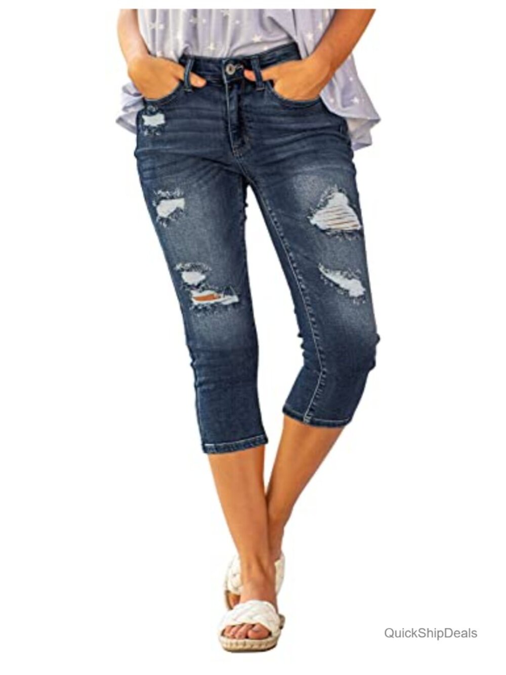 High Waisted Skinny Capri Jeans Women Distressed Ripped Denim Stretch